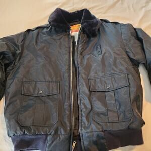 VTG Bomber Style XL Spartan by Liberty Uniform Jacket NAVY BLUE Faux Fur Collar
